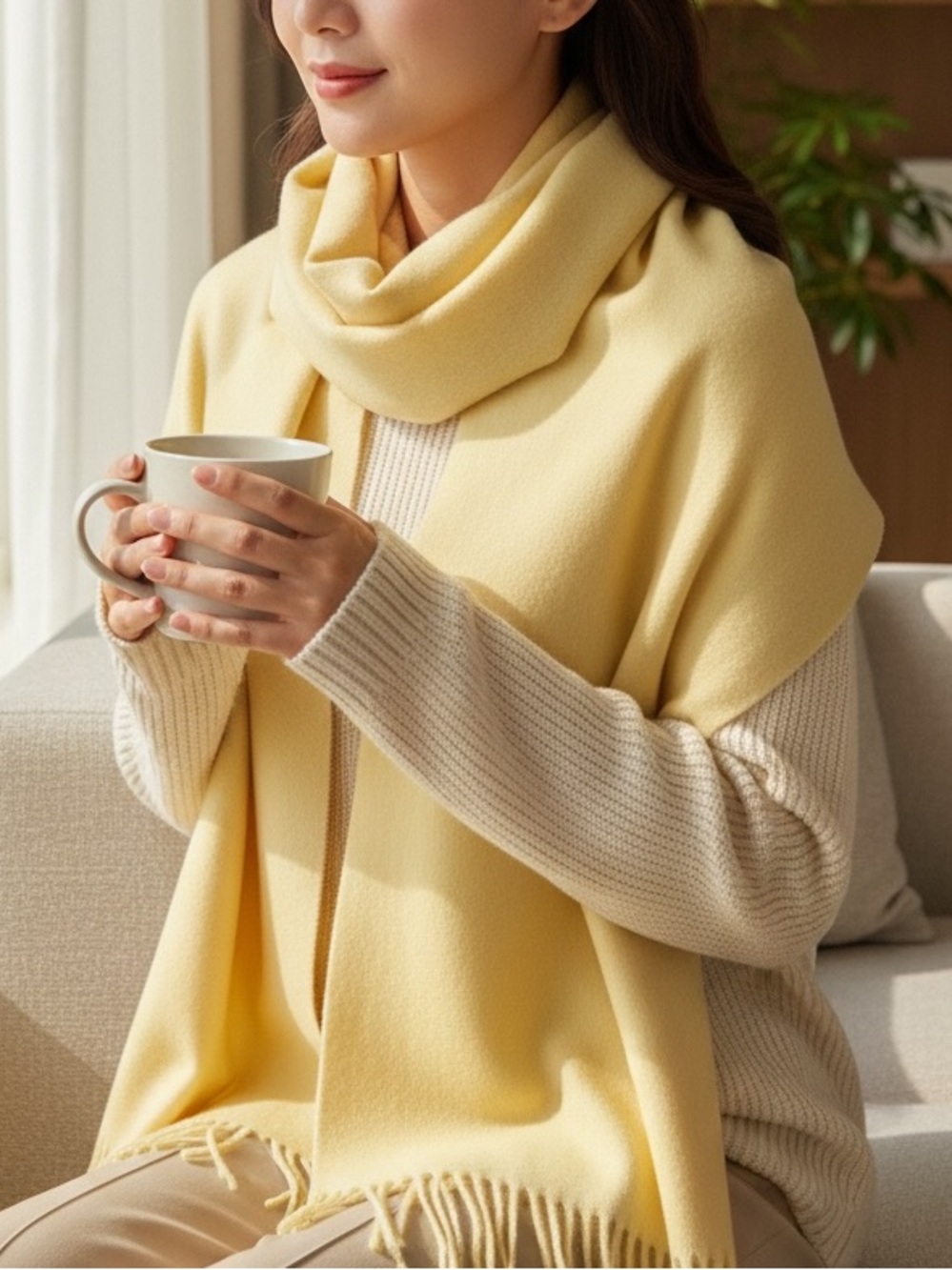 Luxury Cashmere Butter Yellow Fringed Scarf NWT